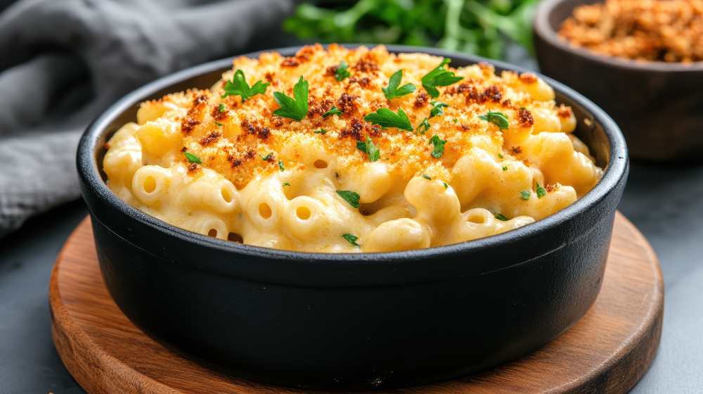 Macaroni and cheese, serve in a dark bowl