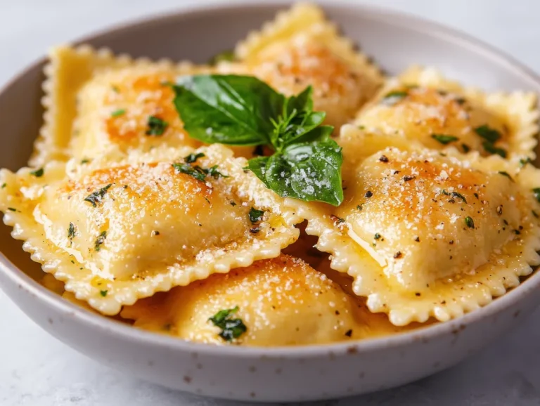 Butternut Squash Ravioli serve in a bowl, close-up top view.
