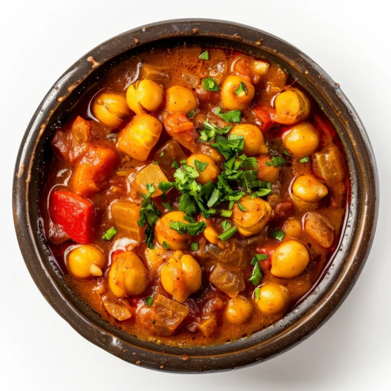 Chana Masala serve in a rustic brown bowl on a white background, close-up top view.