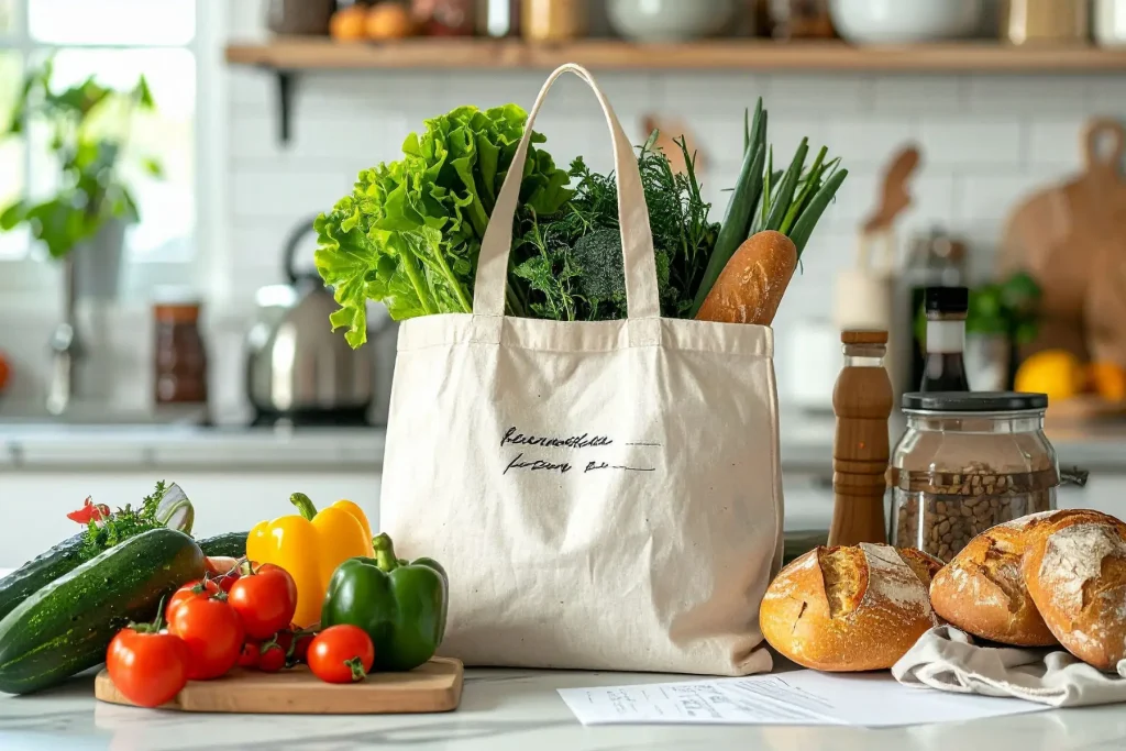 Shoping bag on the counter full of veggie , with veggie on counter