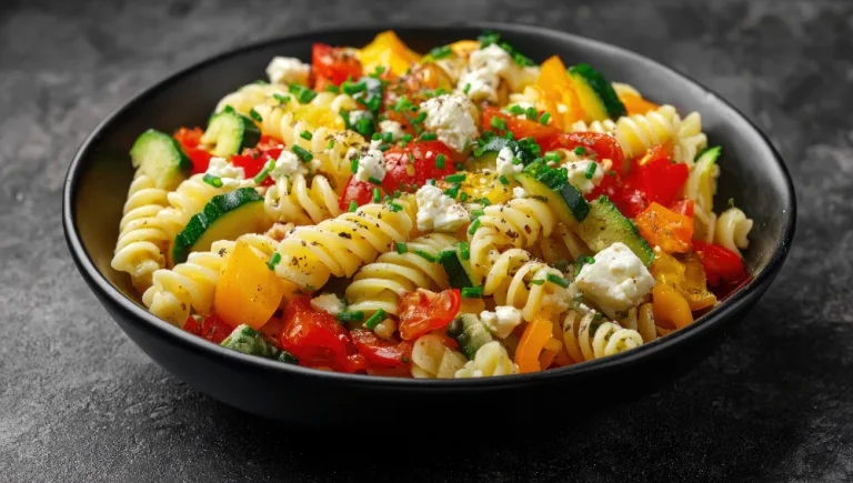 pasta salad with red pepper tomato top with parsley serve in a bowl