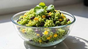 Cilantro Lime Rice and black beans , serve in a clear bowl. Salad, serve in a clear bowl.