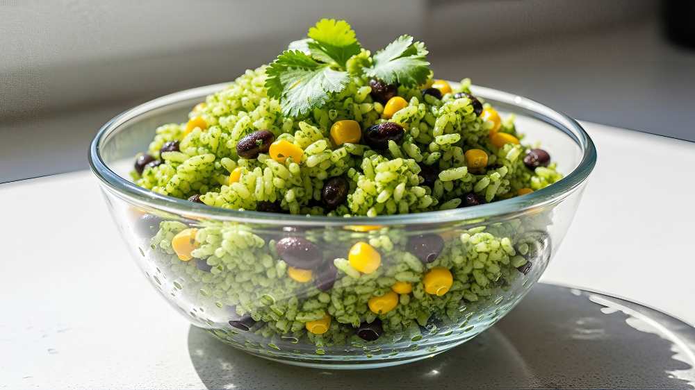 Cilantro Lime Rice and black beans , serve in a clear bowl. Salad, serve in a clear bowl.