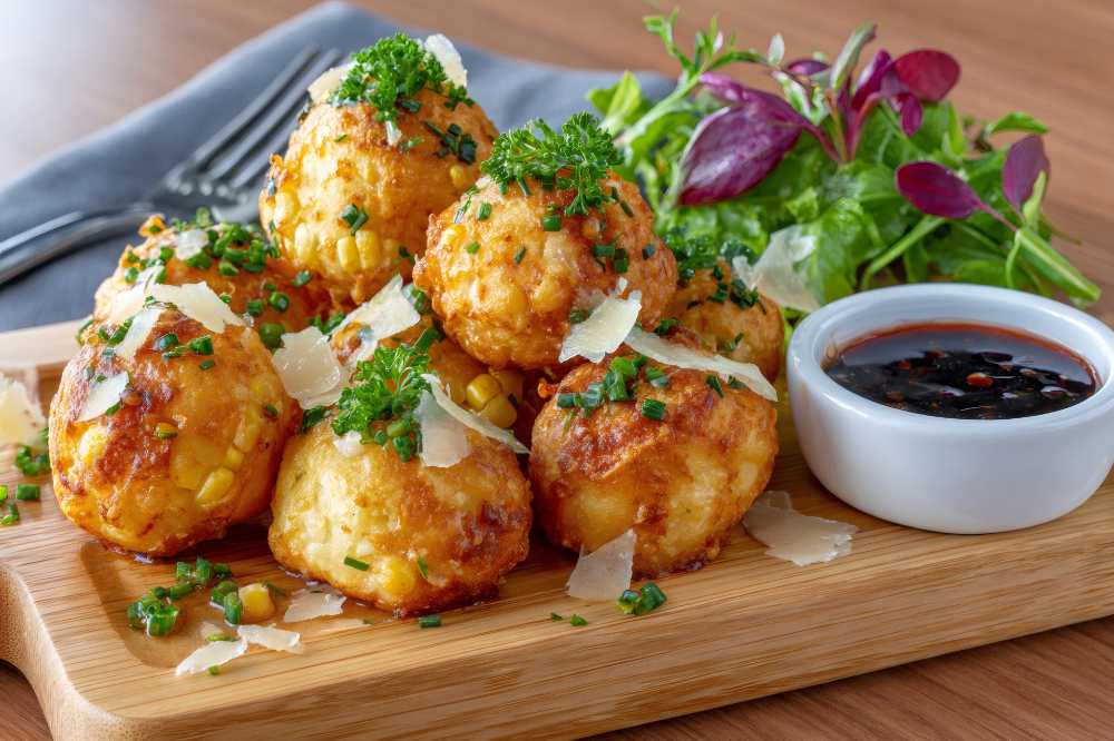 Corn Fritters with Parmesan and Herbs, serve on a wooden board with side salad and sauce, close-up side view
