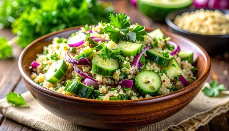 Quinoa Salad with Cucumber, Red Onion, on a napkin, close-up side view.