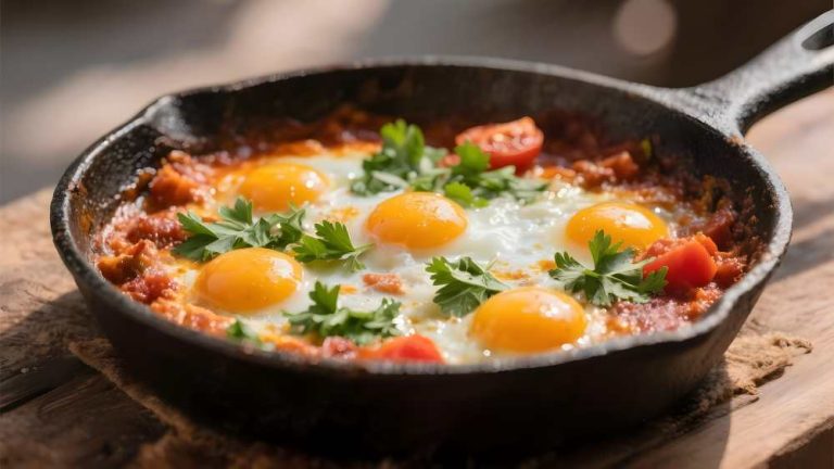 Shakshuka in a cast iron top with parsley