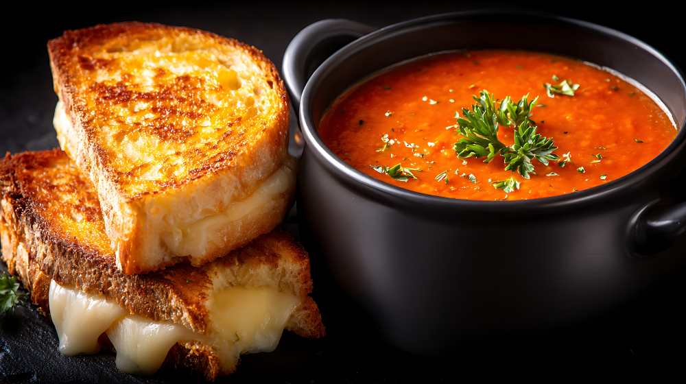 Grill cheese and tomato soup serve in a black bowl