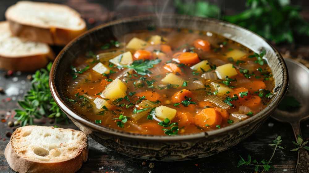 Vegetable soup top with parsley in a rustic bowl with slice of bread on the side, close-up top view.