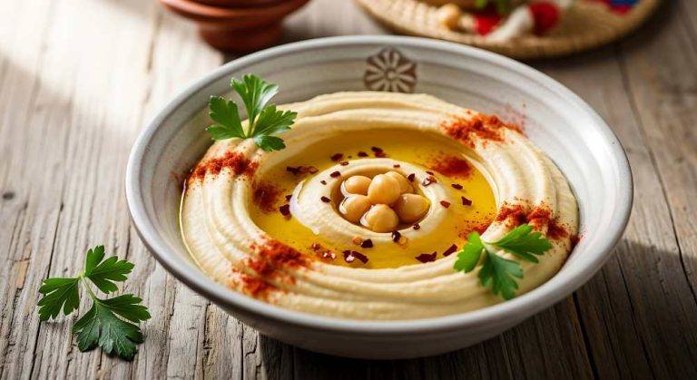 hummus top with chickpeas parsley and olive oil serve in a bowl