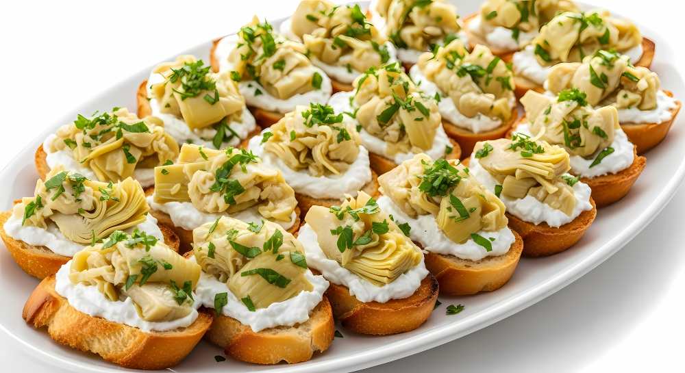 Artichoke Bruschetta top with parsley serve on a white plate