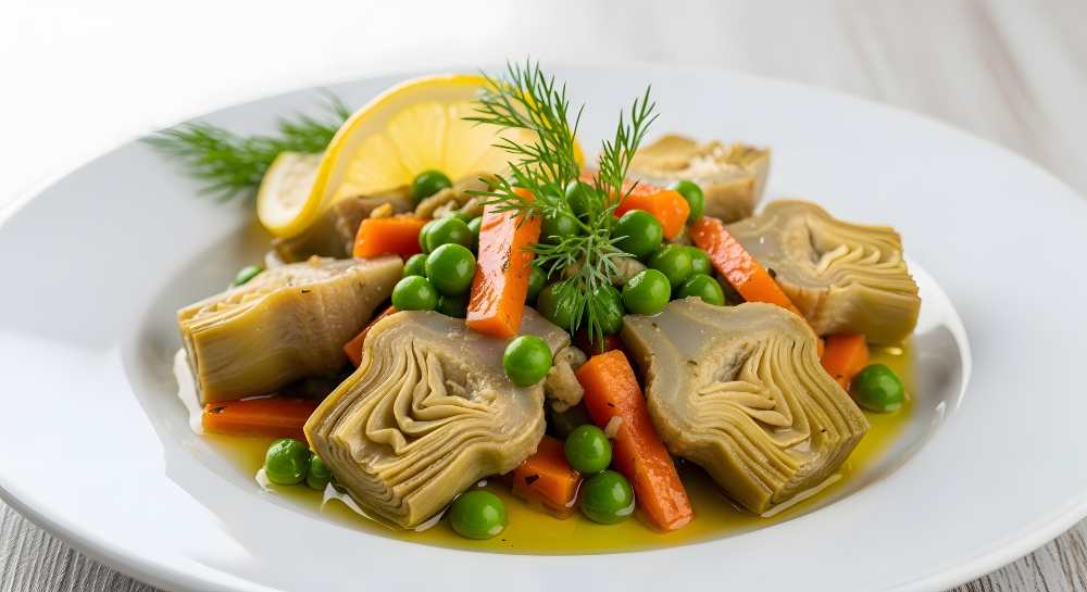Artichoke with Peas and Carrots serve in a white plate