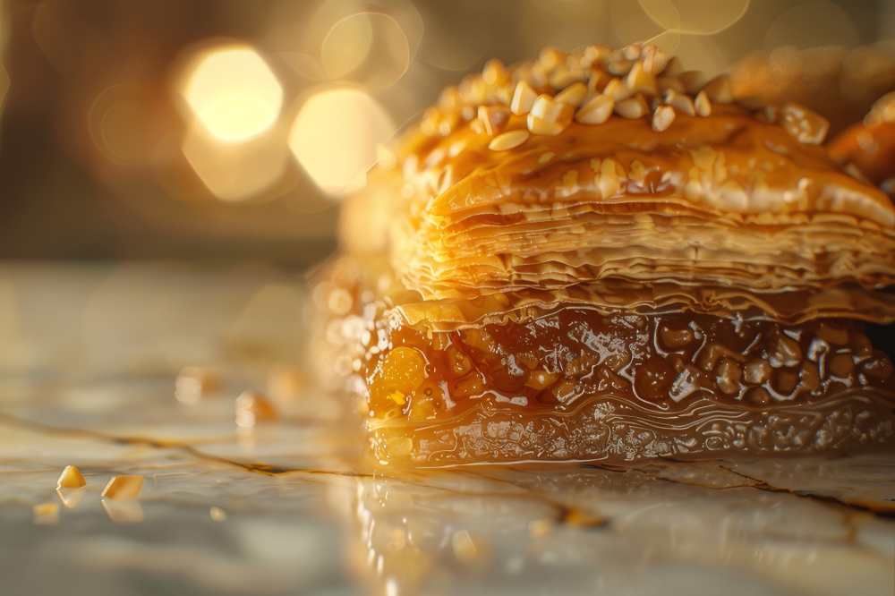 BAKLAVA thin sheets of dough phyllo with nuts, serve on a counter top. side view