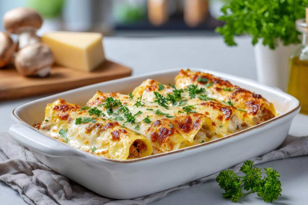 Baked Cannelloni with Mushrooms and Cheese Sauce, in a white baking dish