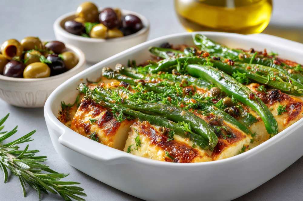 Baked Feta Casserole with Green Beans and Olives, serve in a white baking dish
