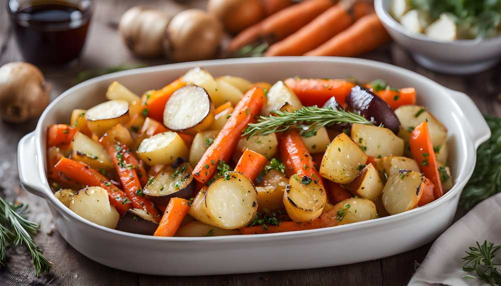 Baked Vegetables, potato, carrots in a white dish