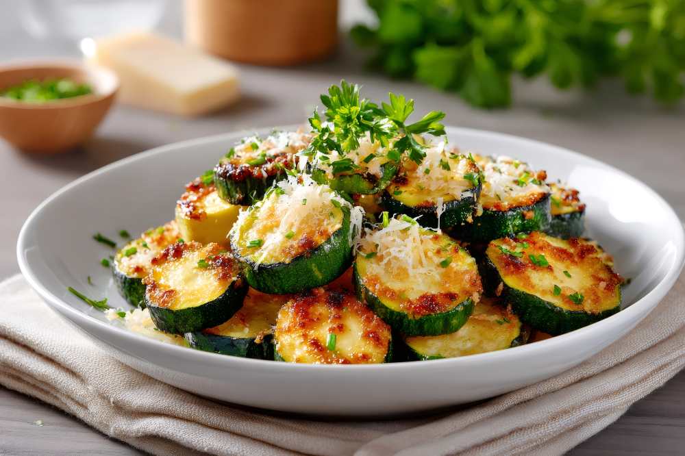 Baked Zucchini Rounds with Parmesan and Fresh Parsley, serve in a white plate