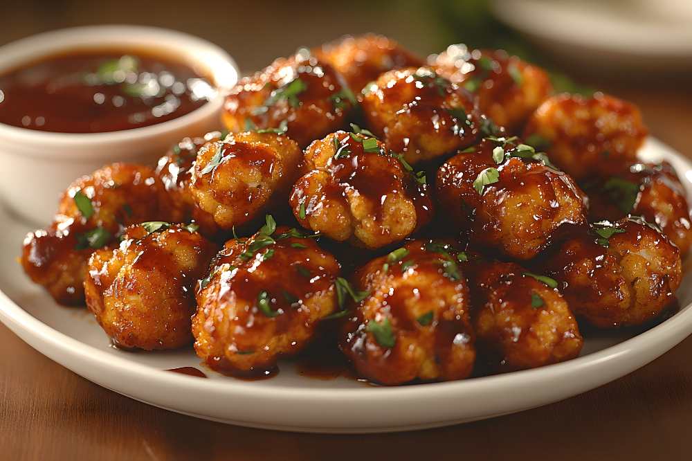 Barbecue Cauliflower Bites top with parsley on a white plate with side BBQ suace