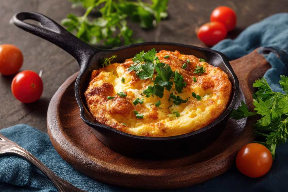Cheese and Tomato Quiche serve in a cast iron