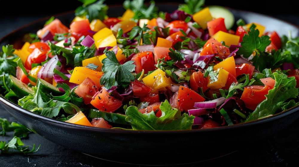 Chopped Vegetable Salad serve in a black bowl