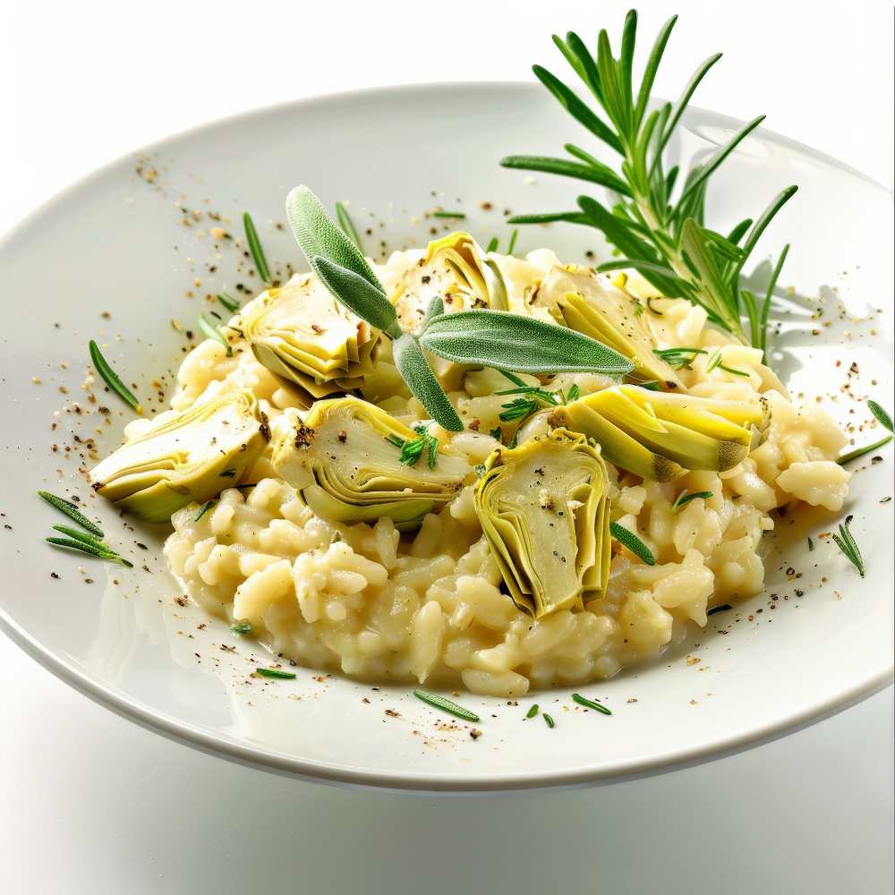 Creamy Risotto with Artichoke Hearts and Herbs, serve in a white ball