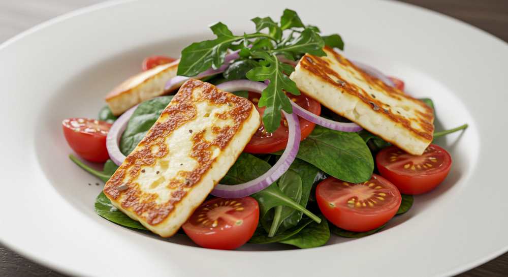 Fried Halloumi Salad with Spinach, Tomatoes and Red Onion serve on a white bowl