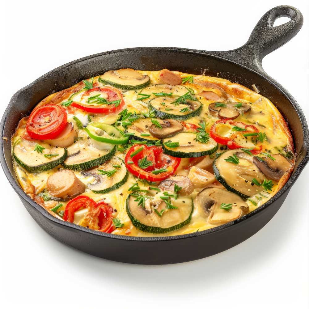 Frittata with Zucchini, Mushrooms and Tomatoes in a cast iron