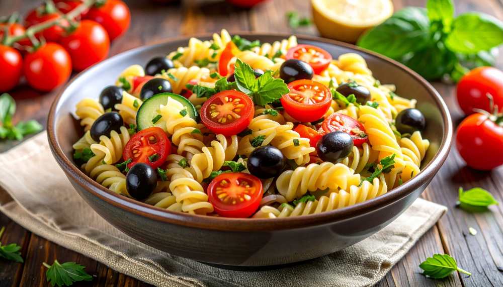 Fusilli Pasta Salad with cucumbers, tomatoes black olive top with parsley