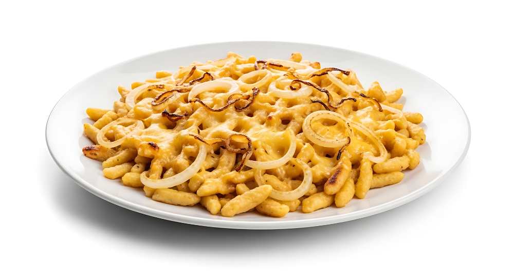 German Käsespätzle with Fried Onions, serve on a white plate