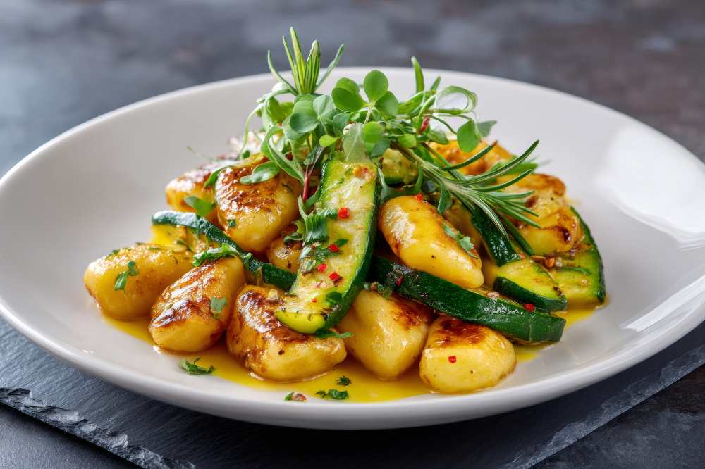 zucchini ghnocci with herbs serve in a white plate