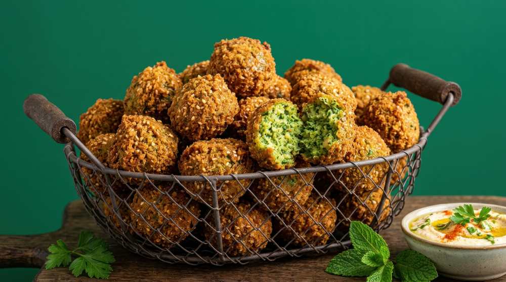 Green falafel in a basket serve with a side of hummus