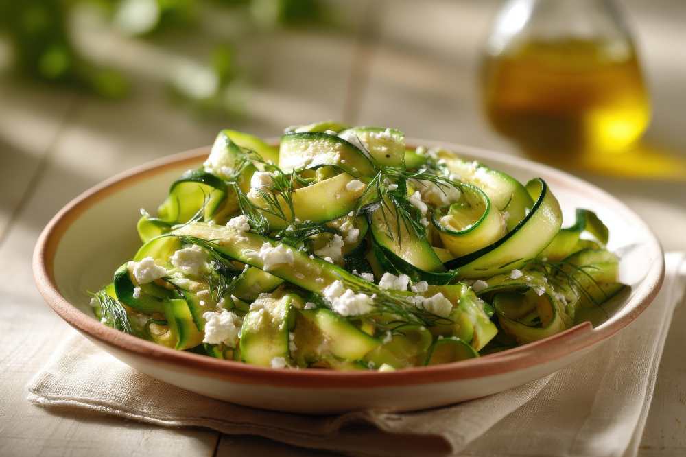 Grilled Zucchini Ribbon Salad with Feta and Dill, serve in a bowl