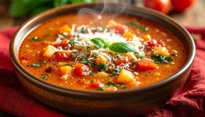 Hearty Minestrone Soup, top with cheese , serve in a brown bowl.