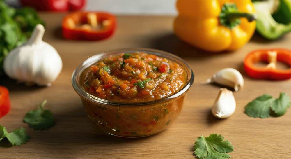 Homemade Salsa with Garlic, Peppers and Cilantro in a clear cup