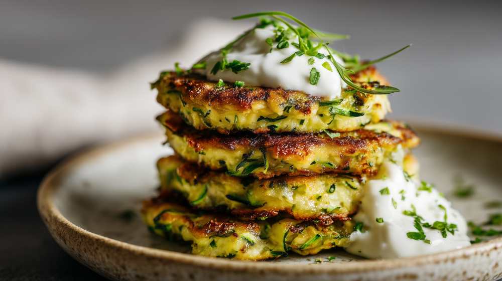 Keto Zucchini Fritters top with sour cream and parsley stack on a plate