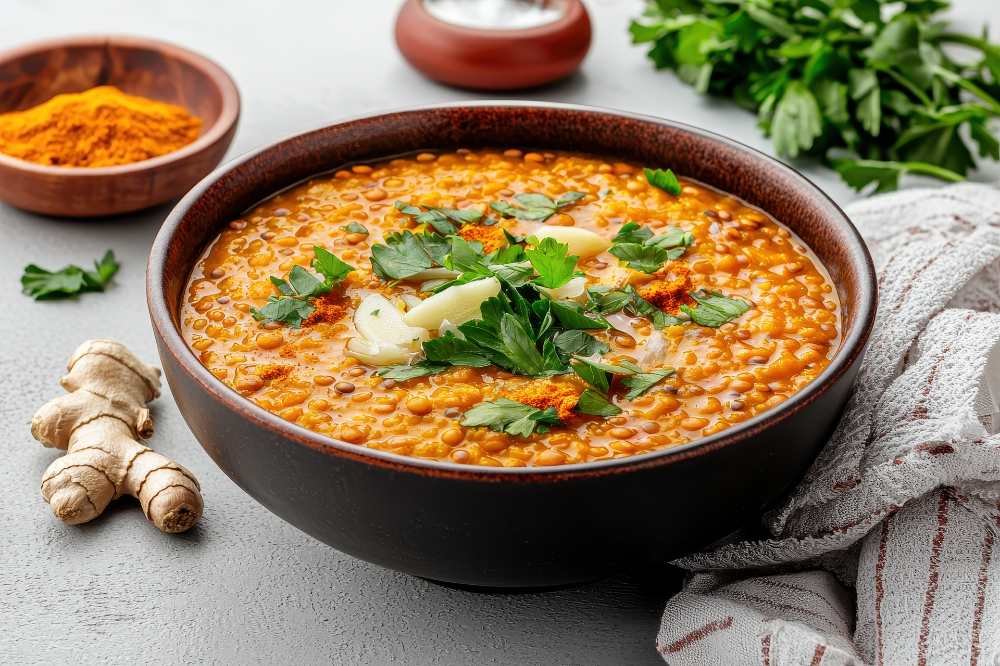 Lentil Soup with Fresh Parsley Garlic serve in brown bowl