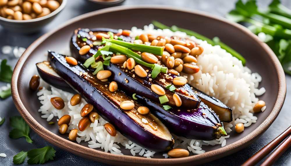 Pan-Fried Asian Eggplant on top of rice serve in a brown bowl