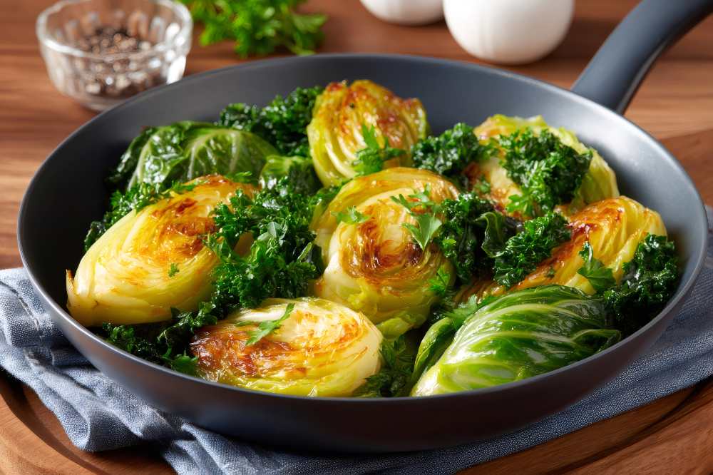 Pan-Fried Roasted Cabbage with Kale and Fresh Parsley, serve in a pan