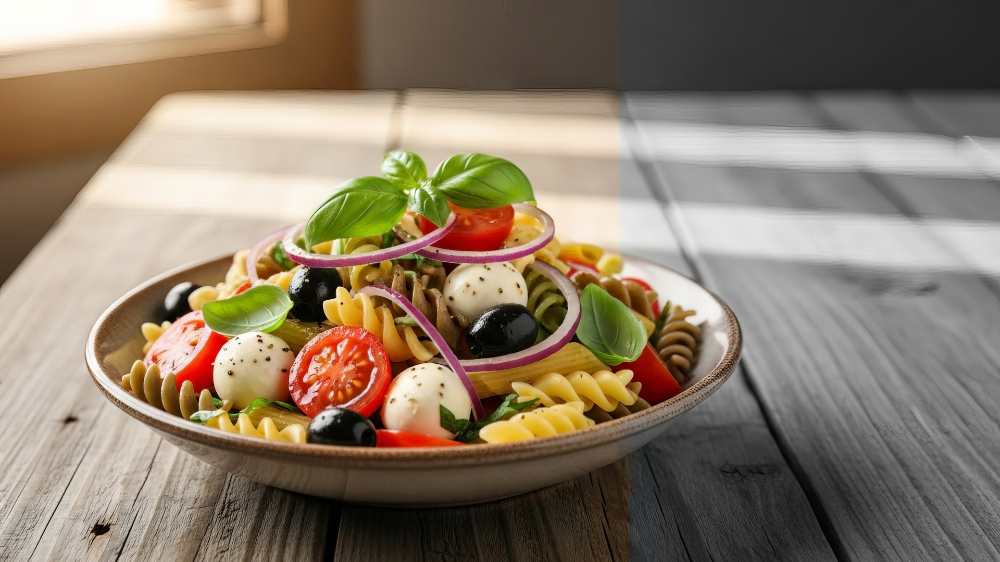 Pasta Salad with Mozzarella Balls, black olive , tomatos and red onion serve in a bowl on wooden table
