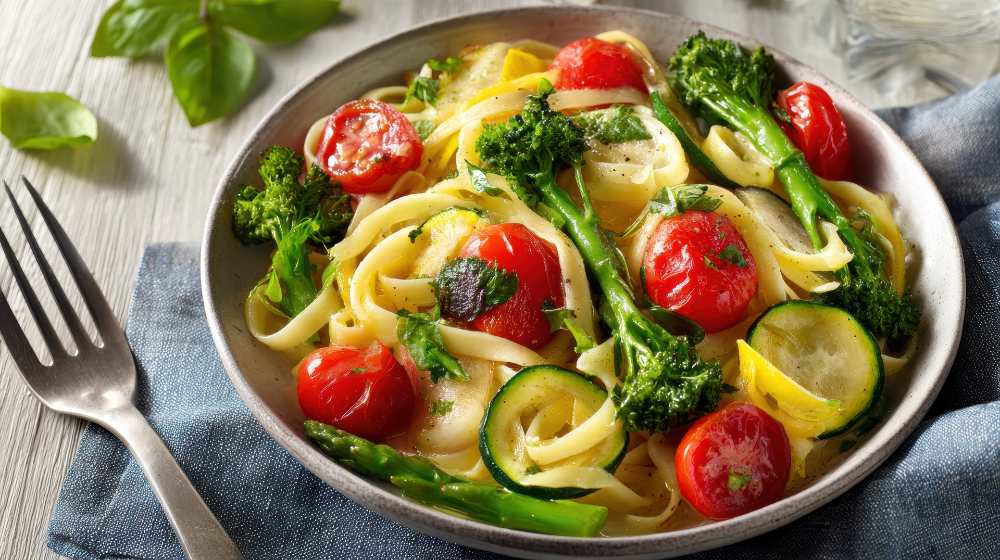 pasta in creamy sauce with broccoli tomatoes asparagus zucchini serve in a bowl