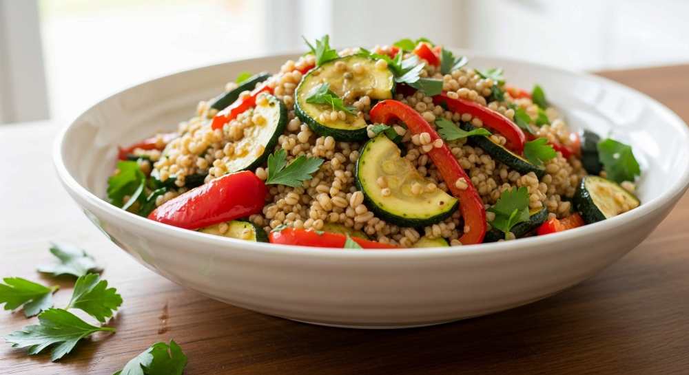 Pearl Barley Salad with Roasted Zucchini, red pepper serve in a white bowl