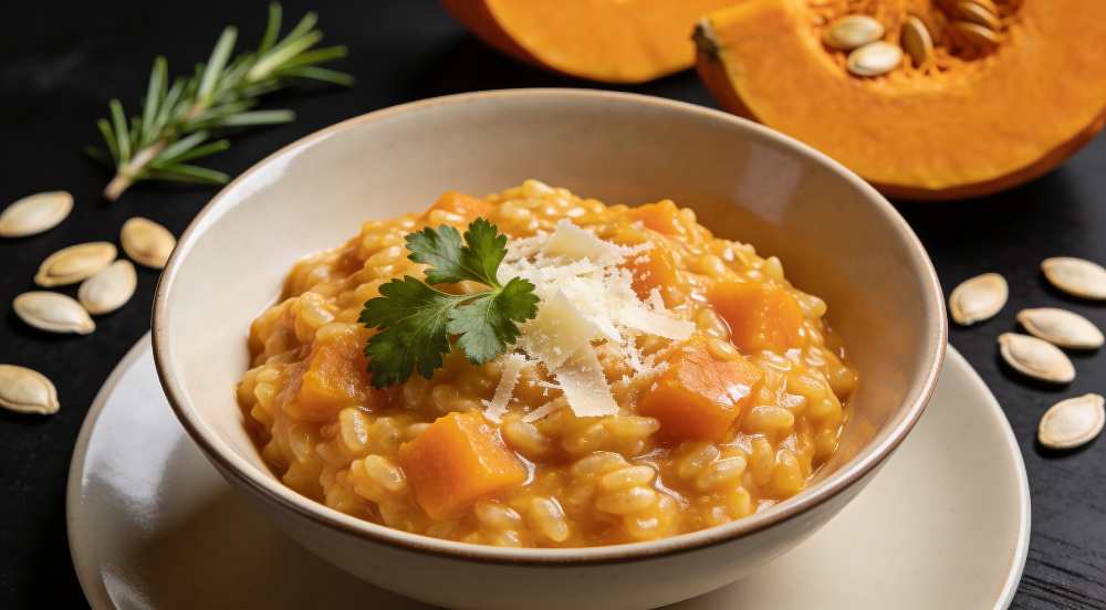 Pumpkin Risotto serve in a bowl with a pumpkin seeds on the side