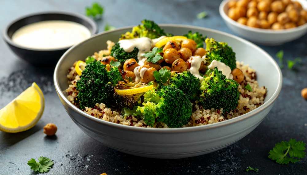 Quinoa Bowl with Broccoli and Chickpeas, serve in a bowl
