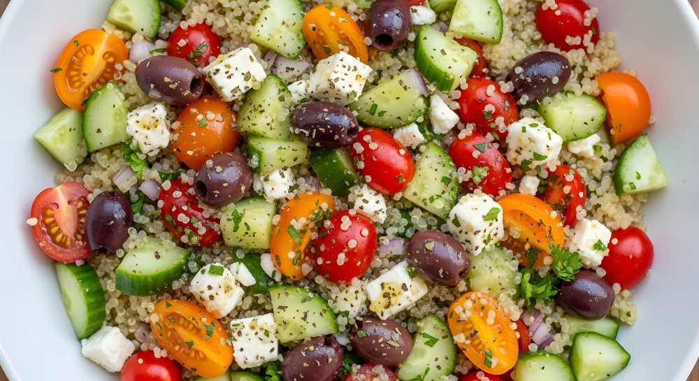 Quinoa israeli Salad with feta and parsley, serve in a white bowl, a close up view.