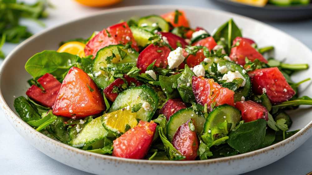Red Plum Salad with Spinach, top with parsley serve in a plate