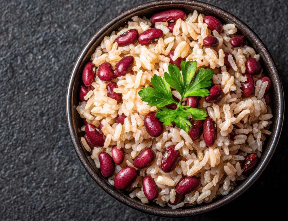 Rice and Kidney Beans with Fresh Parsley, serve in a black bowl