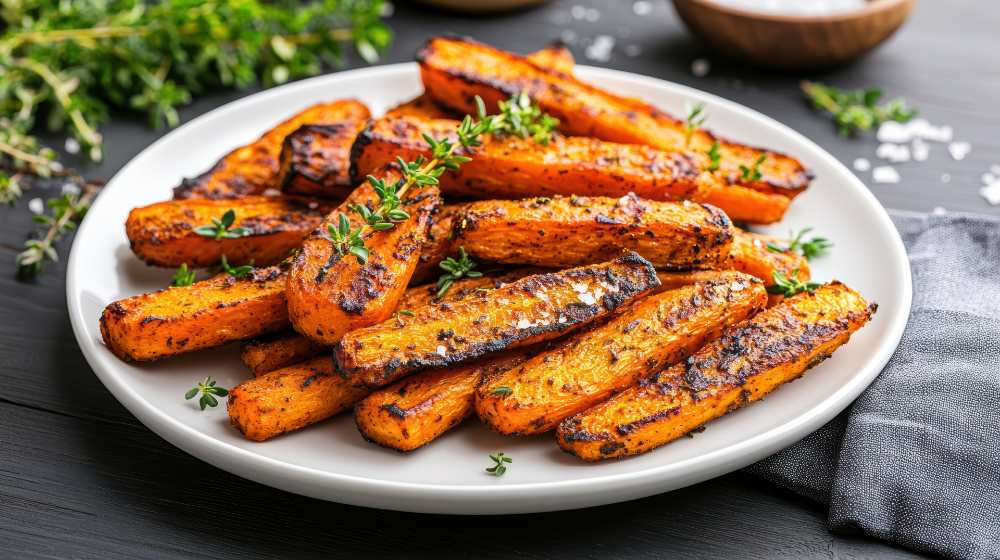 Roasted Carrots with Thyme serve on a white plate