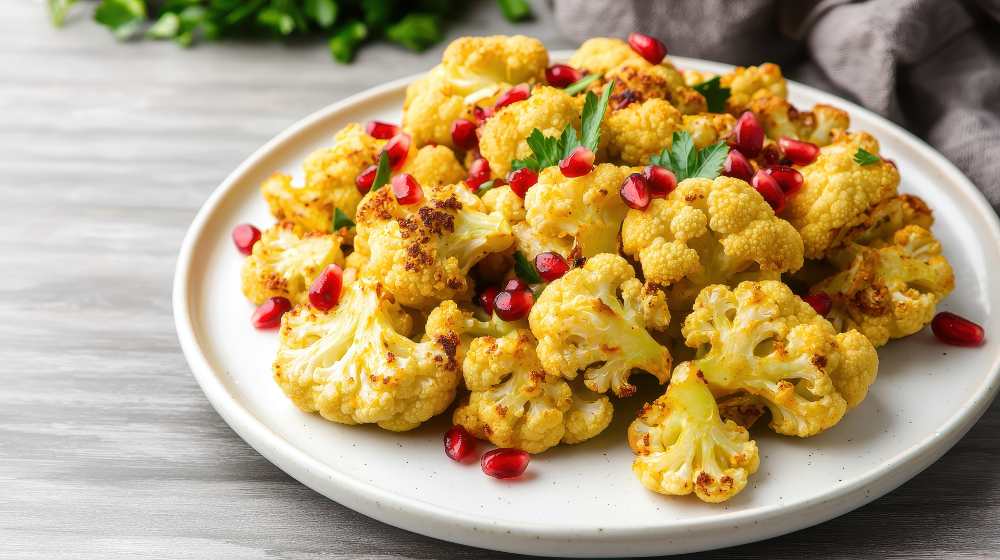 Roasted Turmeric Cauliflower serve in a white plate