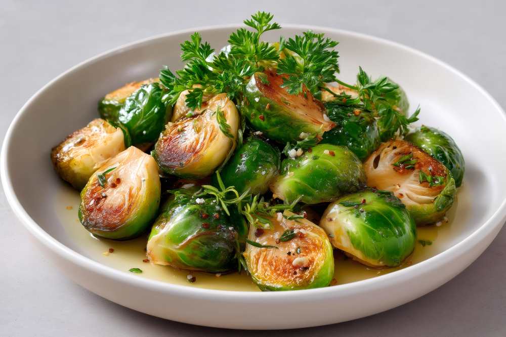 Roasted brussels sprouts top with parsley , serve in a white bowl