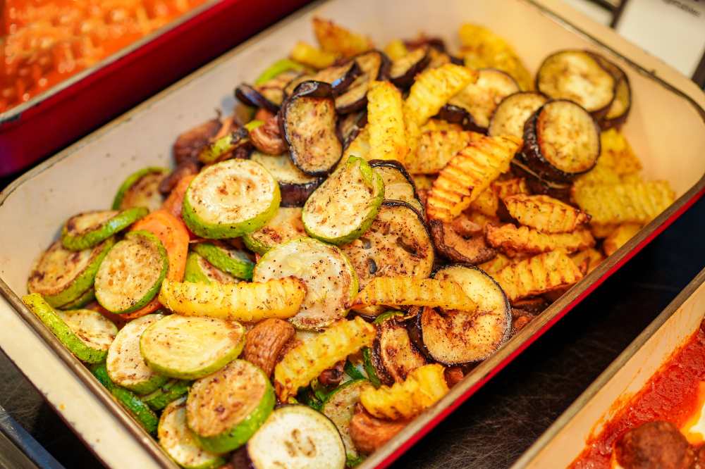 Roasted froozen vegetablein a baking dish