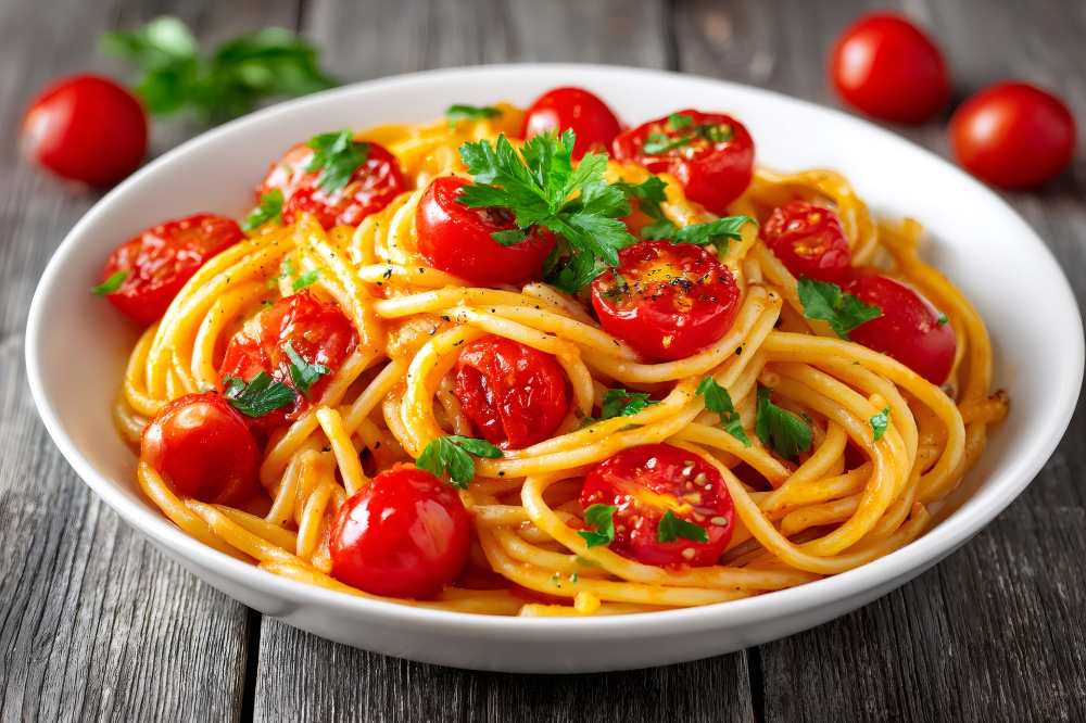 Spaghetti Pasta with Fresh Cherry-Tomatoes top with parsley serve in a white bowl
